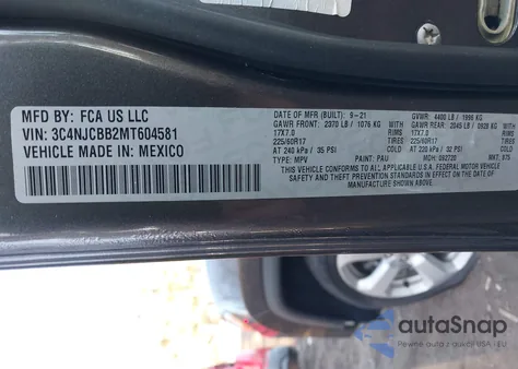 2021 Jeep Compass Latitude Fwd from USA, damaged, VIN 3C4NJCBB2MT604581